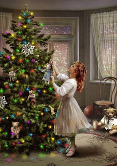 a painting of a girl decorating a christmas tree