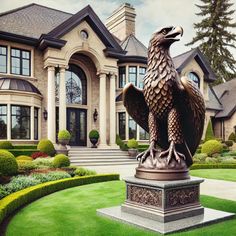 a statue of an eagle is in front of a large house with hedges and bushes