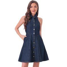 This casual summer denim dress is crafted in an A-line fit with a button-down closure and a halter neck. This dress features a halter neck, adding a feminine and romantic touch to your outfit. It's perfect for both casual and dressy occasions. Features a high waist design that accentuates your figure and makes you look taller. Pair it with your high heels for casual summer outfits. Spring Knee-length Denim Dress With Snap Buttons, Dark Wash Button-up Denim Dress For Summer, Dark Wash Button Closure Summer Dress, Summer Denim Blue Dress With Button Closure, Summer Collared Denim Dress, Summer Denim Dress With Snap Buttons, Collared Denim Dress For Summer, Collared Medium Wash Denim Summer Dress, Summer Button-up Mini Dress In Medium Wash