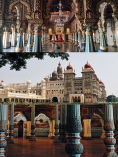 two pictures of the inside of a building with columns and arches in front of it