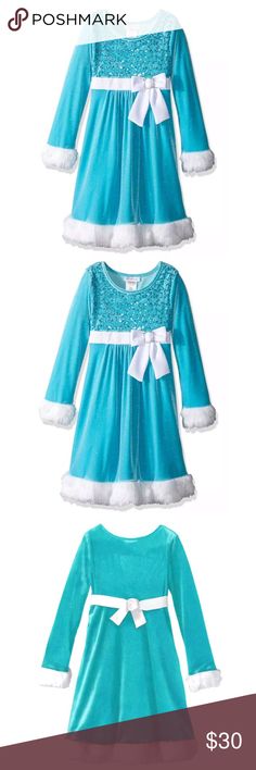 Bonnie Jean Elsa Aqua Christmas Dress New Brand new with tag. The long sleeve Santa dress features sequins bodice, aqua blue glitter stretch velvet skirt, faux fur trim at hem, scoop neckline, faux fur trim at long sleeve, satin band and buckle side bow trim at waist, satin bow tie sash in back.  A warm & stylish dress that can be worn during the upcoming Christmas & holidays. Dress is 90% polyester, 10% spandex. Pet free, smoke free, professional environment. Orders ship out next business day. Blue Long Sleeve Christmas Dress, Cute Blue Holiday Dress, Blue Christmas Dress For Dress-up, Blue Dress For Christmas Dress-up, Princess Style Holiday Dress With Long Sleeves, Blue Dress For Christmas Holiday, Princess Style Long-sleeved Holiday Dress, Blue Christmas Holiday Dress, Blue Festive Christmas Dress