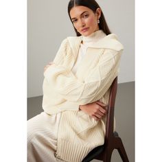 Off-white knit (100% Acrylic). Sweater. Long sleeves. V-neck. Front zipper closure. 7.5" from shoulder to hemline. Imported. Chunky Cable Knit Sweater, Chunky Cable Knit, Acrylic Sweater, Rent The Runway, Closet Designs, Cable Knit Sweater, Distressed Jeans, Front Zipper, Cable Knit