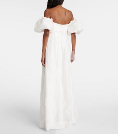 Matchmaker puff-sleeve off-shoulder gown in white - Rebecca Vallance | Mytheresa Luxury Fitted Off-shoulder Gown, Fitted Off-shoulder Puff Sleeve Dress For Formal Occasions, Elegant Off Shoulder Puff Sleeve Dress For Evening, Formal Fitted Off-shoulder Puff Sleeve Dress, Elegant Voluminous Gown, Fitted Off-shoulder Dress With Gathered Sleeves, White Fitted Off-shoulder Puff Sleeve Dress, Off-shoulder Puff Sleeve Dress For Evening, Elegant Off-shoulder Puff Sleeve Dress For Formal Occasions