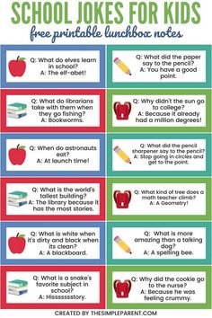 the back to school jokes for kids with an apple, pencil and bookmarks on it