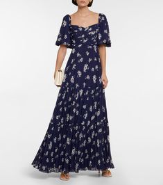 Self-Portrait - Floral chiffon maxi dress | Mytheresa Navy Floral Maxi Dress, Tie Neck Shirt, Floral Chiffon Maxi Dress, Printed Silk Blouses, Silk Cardigan, Chiffon Floral, Roger Vivier, Satin Shirt, Chiffon Maxi