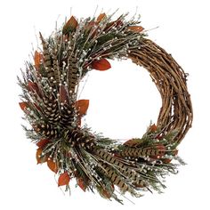 a dried wreath with pine cones and leaves