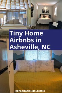 tiny home airbnbs in ashsville, nc with text overlaying the image