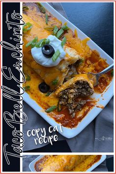 two pictures showing different types of food on a plate and in a casserole dish