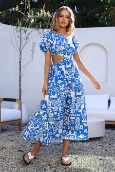 Art Gallery Maxi Dress Blue White Dress Flowy, Spring Break Dress, Brunch Dress, Off Shoulder Dresses, White Long Sleeve Dress, Skirt And Top Set, Travel Outfits, Holiday Wardrobe, Date Night Dresses