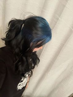 @bloodisfun666 on instagram Dark Blue Hair Underneath Black, Colored Hair With Black, Blue And Black Peekaboo Hair, Blue Jean Hair Color, Blue Ghost Roots Black Hair, Dark Blue Hair Ombre, Storm Hair, Black Hair With Blue Roots, Dark Blue Roots Black Hair