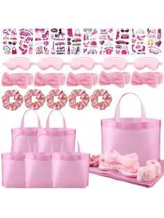 pink bags with bows and eye masks on them next to other items in front of a white background