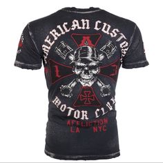 Affliction Mens T-Shirt American Customs Iron Skull Regular Fit Black S-3xl Nwt Brand: Affliction Color: Black/Red Style: Iron Material: 100% Cotton Detail: Crew Neck Shirt, Printed In Front & Back, Design In Usa, Country Of Manufacture: Usa Black Biker Top With Skull Print, Cotton Biker Tops With Letter Print, Cotton Biker Top For Biker Events, Biker T-shirt With Skull Print In Cotton, Biker T-shirt With Skull Print, Black Biker T-shirt With Skull Print, Skull Print Crew Neck T-shirt For Biker Events, Black Skull Print T-shirt For Biker Events, Fitted T-shirt With Skull Graphic Print