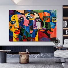 a living room with a large painting on the wall