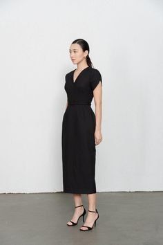 Melody Pegged V-Neck Twill Midi Dress | MEAN BLVD Modern V-neck Dress For Work, Elegant V-neck Midi Dress For Daywear, Fitted Midi Dress With Notched Neckline For Daywear, Fitted V-neck Midi Dress For Daywear, Summer V-neck Midi Dress For Work, Cocktail V-neck Midi Dress, Midi Length V-neck Dress For Spring Workwear, Modern V-neck Cocktail Dress, Spring Workwear V-neck Midi Dress