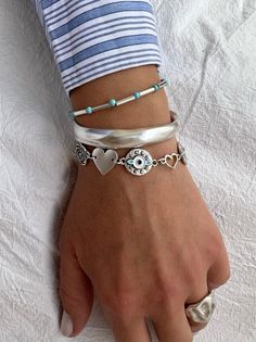 Silver Charm Bracelet Silver Beaded Bracelet Wide Bangle - Etsy Charm Bracelet Silver, Silver Beaded Bracelet, Women Bracelets, Bead Bar, Bangle Silver, Silver Bracelets For Women, Turquoise Bead Bracelet, Types Of Gifts, Silver Bead Bracelet