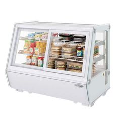 a refrigerated display case with two doors and shelves filled with food items