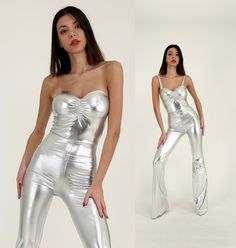 "Sweetheart strapless jumpsuit with collar straps will illuminate you with its silver light. You can choose the party jumpsuit with or without straps; you can choose it for cocktails, birthday, bachelorette party, dance shows, music festivals and even studio 54 parties. If you need an emergency outfit, please contact us. Model body measurements Height: 1.76cm/5'9 Size: S/36 Bust: 88cm/34,51\" Waist: 62cm/24,5\" Hips: 90cm/35,5\" Size of the product on the mannequin: S/36/4-6 There are fixed, non Glamorous Strapless Sleeveless Jumpsuit For Party Season, Fitted Backless Jumpsuits And Rompers For Party, Glamorous Fitted Strapless Sleeveless Jumpsuit, Fitted Sleeveless Bodysuit For Party Season, Glamorous Stretch Jumpsuits And Rompers For Party, Strapless Jumpsuit For Party Season Night Out, Strapless Fitted Jumpsuit For Party Season, Fitted Strapless Jumpsuit For Party Season Evenings, Fitted Sleeveless Party Bodysuit