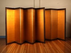 This is a vintage Japanese pair of 6 panels folding screen called Kin Byobu, gold leaf screen from Taisho period (1910's-1920's). Gold leaf on paper with paper hinges, textile border and wooden molding. Byobu is very practical, separate interiors and enclose private spaces, also decorative uses. There are some wear on the byobu, but no damages.  This set is in a great condition and will be perfect for tea ceremony, festival, concert or any special occasion. 24 1/2"W x 69"H each panel Byobu Japanese Screen, Japanese Screen Divider, Textile Border, Taisho Period, Japanese Screen, Folding Walls, Festival Concert, Room Screen, Folding Screen