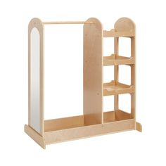 a wooden shelf with mirrors and shelves on it's sides, in front of a white background