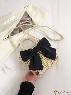 Bird in Bag - Straw Bag with Bow Decoration and Double Handles Spring Rectangular Bags With Bow, Chic Summer Pouch Beach Bag, Summer Day Out Pouch Bag, Chic Summer Beach Bag Pouch, Casual Bag With Bow, Casual Bags With Bow, Spring Everyday Bag With Bow Detail, Chic Summer Straw Pouch Bag, Black Handheld Bucket Bag For Summer