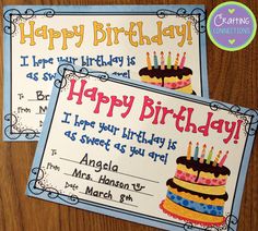 two birthday cards with the words happy birthday on them