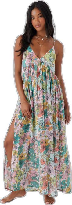 Flowy Midi Dress For Spring Beach Cover-up, V-neck Floral Print Maxi Dress For Beach, Sleeveless Printed Maxi Dress Beach Cover-up, Flowy Casual Midi Dress For Beach Cover-up, Casual Flowy Midi Dress For Beach Cover-up, Green Breezy Maxi Dress, Breezy Green Maxi Dress, Flowy Printed Dresses For Beach Cover-up, Flowy Midi Floral Dress For Vacation