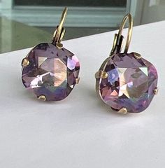 Plumlicious Purple Austrian Crystal Earrings, Drop Earrings, Cushion Cut Crystal Earrings, Lever Back, Gift For Her, Gift Packaging by frenchhouse on Etsy Square Stone Earrings, Crystal Heart Earrings, Rainbow Earrings, Holiday Earring, Earrings Drop, Green Earrings