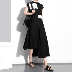 Features: Style: Casual Occasion: Daily Material: Polyester Sleeves: Short Sleeves Neckline: Round Neckline Pattern: Contrast Color Type: Casual Long Dresses Season: Summer Size Bust Length cm inch cm inch One Size 98 39 119-130 47-51 Casual Asymmetrical Knee-length Summer Dress, Black Patchwork Midi Dress, Black Fitted Maxi Dress With Patchwork, Fitted Black Maxi Dress With Patchwork, Chic Summer Midi Dress With Patchwork, Black Patchwork Midi Dress For Spring, Chic Black Asymmetrical Dress For Spring, Black Sleeveless Asymmetrical Summer Dress, Black Sleeveless Asymmetrical Dress For Spring