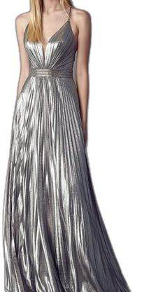 Pleated V-neck Maxi Dress For Gala, Dressy V-neck Evening Dress For Gala, Evening Long V-neck Dress, Evening Dress With Pleated Bodice And V-neck, Silver V-neck Dress For Gala, Gala Evening Dress With Pleated Bodice And V-neck, V-neck Evening Dress For Dinner, Elegant Pleated V-neck Dress For Party, Pleated V-neck Gala Dress