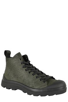 Ankle boots -Panchic -Army green color -Round toe -Lace-up closure -Rubber sole Rugged Green High-top Boots, High-top Lace-up Boots With Textured Sole For Outdoor, High-top Green Combat Boots For Fall, Green High-top Combat Boots For Fall, Green Outdoor Boots With Lug Sole, Green High-top Lace-up Outdoor Boots, Green Leather High-top Sneakers For Outdoor, Green High-top Combat Boots For Outdoor, Green Lace-up Combat Boots For Outdoor