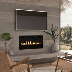 a living room with two chairs and a television mounted on the wall over a fireplace