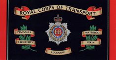 the royal corps of transport emblem is shown on a black background with red ribbon around it