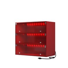 a red shelf with lights on it