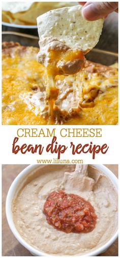 cream cheese bean dip recipe in a white bowl with tortilla chips