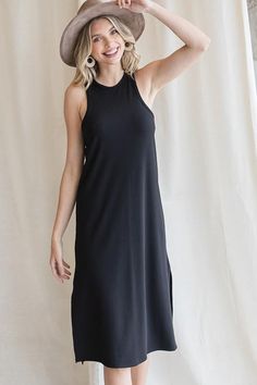 SLIM FITTING RIBBED SLEEVELESS MIDI DRESS WITH SIDE SLITS-Black – Mota Boutique Casual Black Midi Dress With Side Slits, Black Longline Daywear Dress, Black Longline Dress For Daywear, Black Spring Loungewear Dress, Spring Black Dresses For Loungewear, Black Dress For Spring Loungewear, Black Midi Dress For Spring Loungewear, Black Longline Midi Dress For Summer, Sleeveless Midi Dress