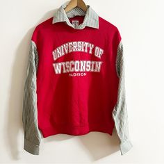 Nwt Urban Outfitters Urban Renewal University Of Wisconsin Upcycled Collared Sweatshirt. *This Is New With Tags From Urban Renewal But It Is Vintage And Has Been Worn. Listed As Size Medium Measurements Laying Flat- Pit To Pit- 22” Shoulder To Hem- 24” 9-26-24 Red Collegiate Cotton Sweater, Red Long Sleeve Sweater For College, University Red Varsity Top For Fall, Fall Varsity Long Sleeve Tops, Varsity Long Sleeve Tops For Fall, Collegiate Red Sweater For Fall, University Red Long Sleeve Tops For Winter, University Red Cotton Top For Fall, Red Relaxed Fit Top For College