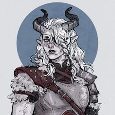 a drawing of a woman with horns on her head and white hair, wearing a horned outfit