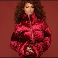 Brand New Never Worn Cardi B Jacket/Skirt Set From Fashion Nova Fitted Burgundy Party Outerwear, Fitted Burgundy Outerwear For Party, Red Fitted Party Outerwear, Trendy Solid Color Party Outerwear, Chic Red Outerwear For Night Out, Burgundy Long Sleeve Outerwear For Party, Cardi B Fashion, Long Puffy Coat, Velvet Puffer Jacket