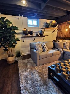 a living room filled with furniture and a large plant on top of a wooden shelf