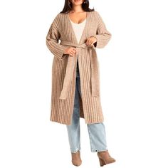 A relaxed fit cardigan with an open front and dropped shoulders, featuring a removable tie belt and hitting at the calf. Fall Pinterest Outfits, Belted Cardigan, Fitted Cardigan, Plus Size Beauty, Plus Size Sweaters, Swimsuits For All, Black Ruffle, Mom Style, Long Cardigan