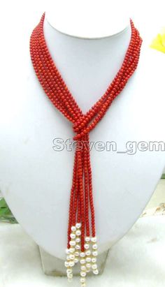 Sale Supper Long 45'' 3 Strands 3-4Mm Red Coral And White Pearl Necklace-Nec5643 Elegant Red Long Necklace With Round Beads, Elegant Handmade Red Long Necklace, Multi-strand Jewelry With 108 Beads As Gift, Red Beaded Long Necklace As Gift, Red Beaded Long Necklace For Gift, Elegant Red Long Necklace For Gift, Multi-strand Red Coral Jewelry Gift, Multi-strand Red Coral Beaded Necklace For Gift, Multi-strand Red Coral Beaded Necklace As Gift