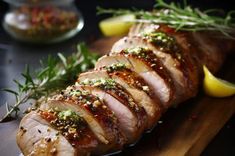 sliced pork with herbs and lemons on a cutting board