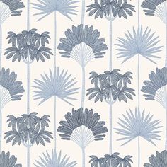 a blue and white wallpaper with palm trees