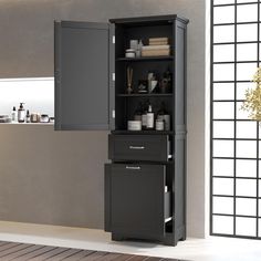 a tall cabinet with two doors and shelves in the middle is open to reveal an assortment of personal care items