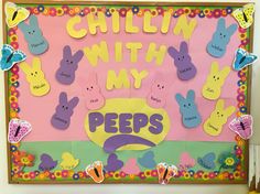 a bulletin board with pees written on it and some butterflies around the edges that read chillin'n with my pees