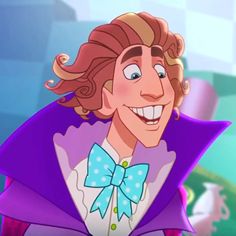 an animated image of a man wearing a purple cape with a blue bow on his head