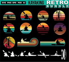 the retro poster shows different types of people on surfboards and kayaks in various colors