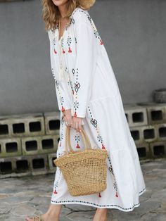 Floral Fringed Boho Summer Dress White Dresses Long Sleeve Embroidered Summer Beach Dress, Embroidered Long Sleeve Dress For Summer Beach, Spring Beach Peasant Midi Dress, Casual Embroidered Maxi Dress For Vacation, White Long Boho Dress For Spring, Summer Bohemian Midi Long Sleeve Dress, Long Sleeve Embroidered Beach Dress For Spring, Casual Embroidered Midi Dress For Beach, Casual Midi Embroidered Beach Dress