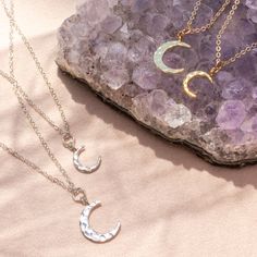 The moon is widely believed to be a feminine symbol, bringing immortality and eternity. Perfect gift idea for girlfriends, sisters or best friends! Choose between several lengths and we will make this necklace with care.…………………………………. Details: Size Small Moon: measures 10 x 8.5mm, Large Moon: 14.5mm x 12mm Pendant is Gold or Silver Plated Chain is 14k Gold Filled or Sterling Silver Average necklace length is 18" About Your Jewelry If you are not wearing your jewelry it is best to store it in a c Feminine Symbols, Moon Phases Necklace, Hammered Silver, Moon Necklace, Moon Phases, Necklace Length, Crescent Moon, The Moon, Gold Filled