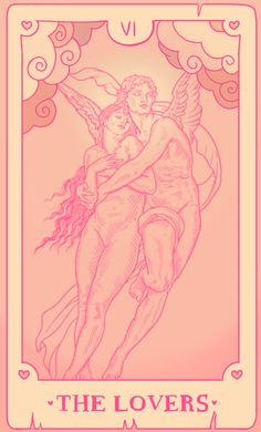 the lovers tarot card with an angel holding a woman in her arms and text that reads